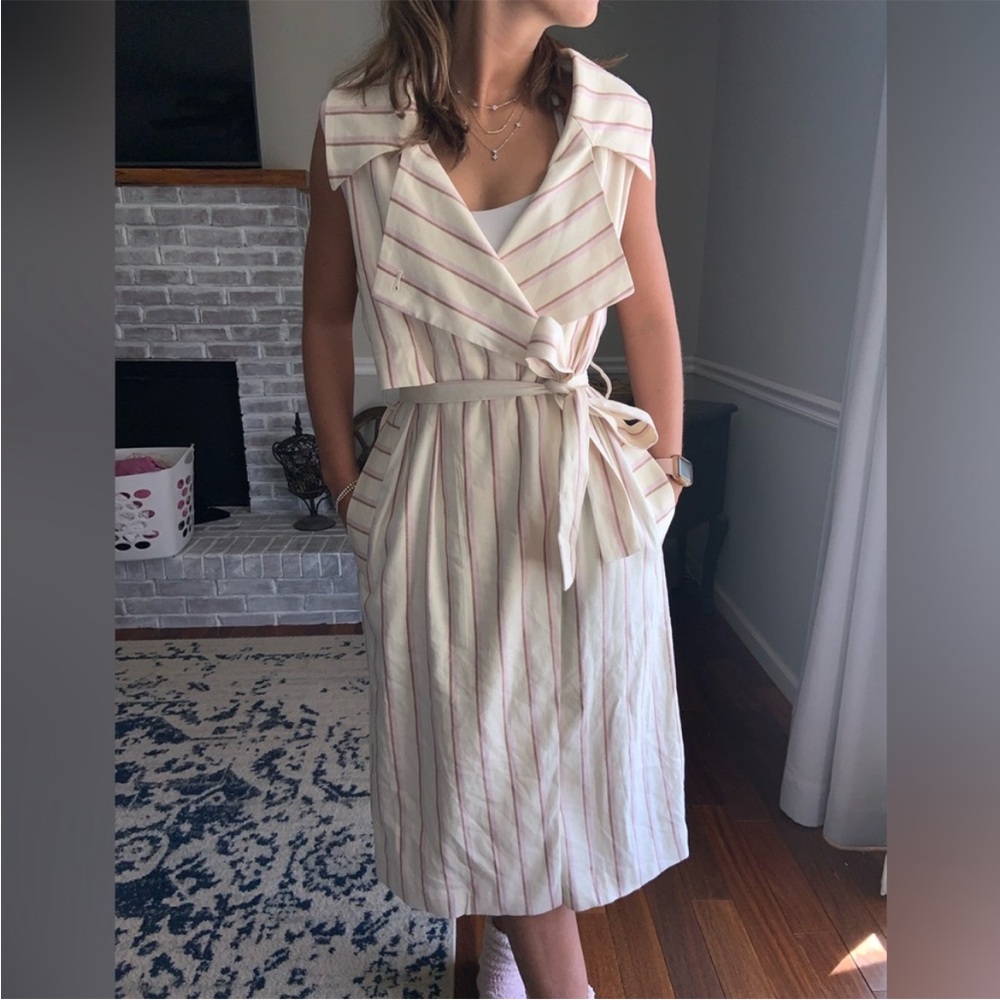 Sleeveless Cream Dress with Pink Stripes and Waist Tie